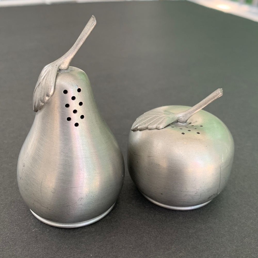 Vintage Web Pewter salt and pepper shakers. Apple and pear. Circa 1984